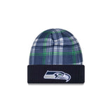 Seattle Seahawks Navy Plaid Statement Beanie Cuffed Knit Hat - New Era - 