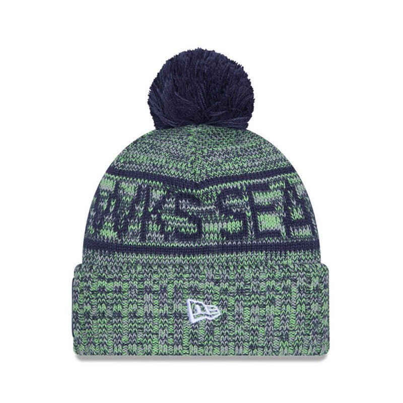 Seattle Seahawks Navy/Lime Pom Knit Beanie - New Era - 
