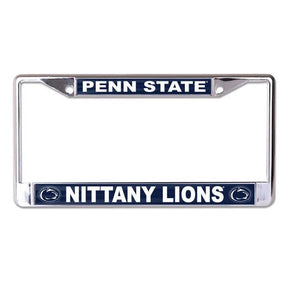 Front view of a silver SDSU Aztecs license plate frame showcasing red team lettering on a white background