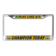 Front view of an Ohio State Buckeyes license plate frame with red team panels and chrome trim on white background
