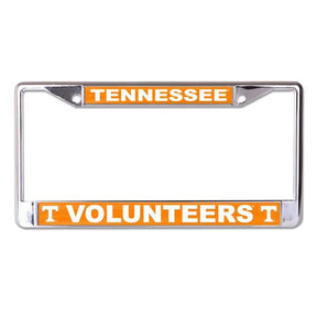 Front view of a Texas Longhorns license plate frame with orange TEXAS and LONGHORNS panels, white logos, and silver border
