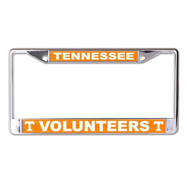 Front view of a Texas Longhorns license plate frame with orange TEXAS and LONGHORNS panels, white logos, and silver border
