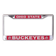 Front view of Oklahoma Sooners license plate frame showcasing red Oklahoma and Sooners panels with chrome border on white background