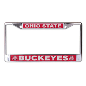 Front view of Oklahoma Sooners license plate frame showcasing red Oklahoma and Sooners panels with chrome border on white background