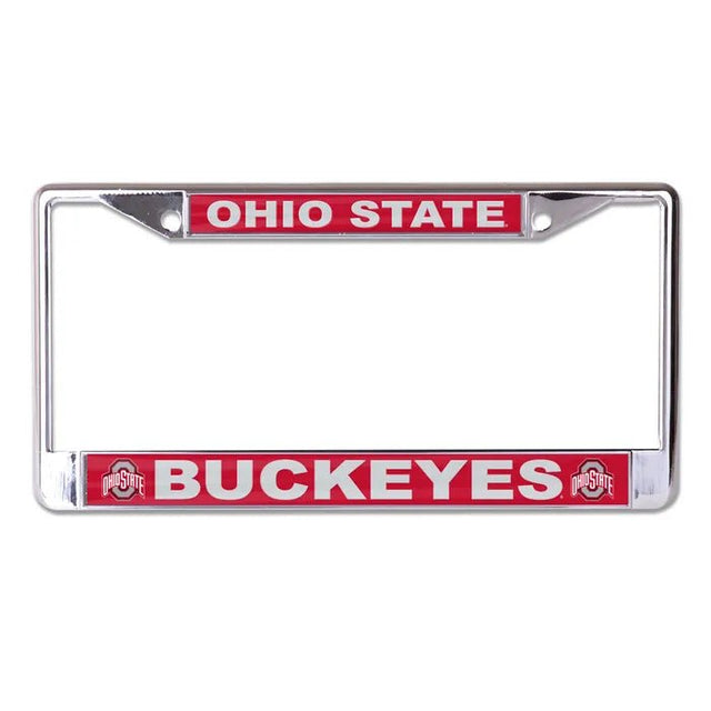 Front view of Oklahoma Sooners license plate frame showcasing red Oklahoma and Sooners panels with chrome border on white background