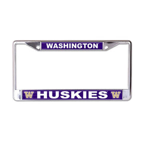 Front view of State College license plate frame showcasing Washington Huskies graphics on a white background