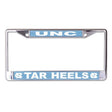 Front view of Notre Dame license plate frame showcasing chrome finish, Notre Dame and IRISH lettering on white background