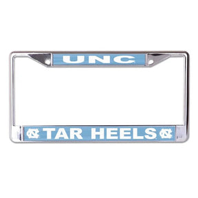 Front view of Notre Dame license plate frame showcasing chrome finish, Notre Dame and IRISH lettering on white background