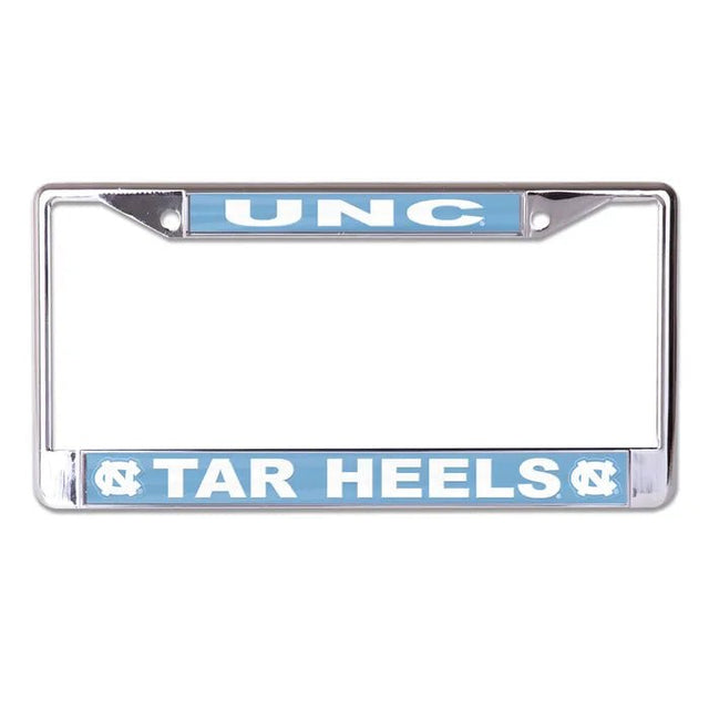 Front view of Notre Dame license plate frame showcasing chrome finish, Notre Dame and IRISH lettering on white background