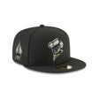 Three-quarter view of black 59FIFTY fitted hat with Sugar Land Space Cowboys bull logo, rocket patch, and flat brim on white