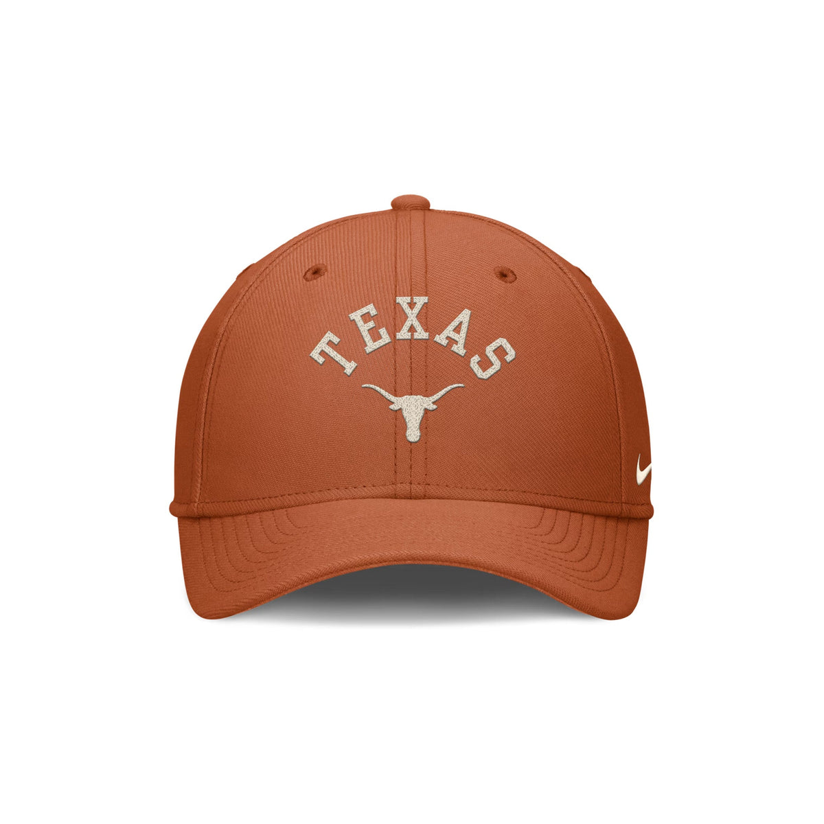 Front view of a Texas Longhorns Nike Texas Orange SwooshFlex hat showcasing arched Texas lettering and Longhorn logo with white background