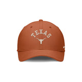 Front view of a Texas Longhorns Nike Texas Orange SwooshFlex hat showcasing arched Texas lettering and Longhorn logo with white background