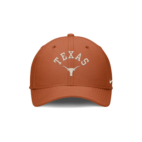 Front view of a Texas Longhorns Nike Texas Orange SwooshFlex hat showcasing arched Texas lettering and Longhorn logo with white background