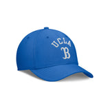 Three-quarter view of UCLA Bruins Nike Campus Prep Chained and Arched Blue SwooshFlex Hat with white UCLA B embroidery