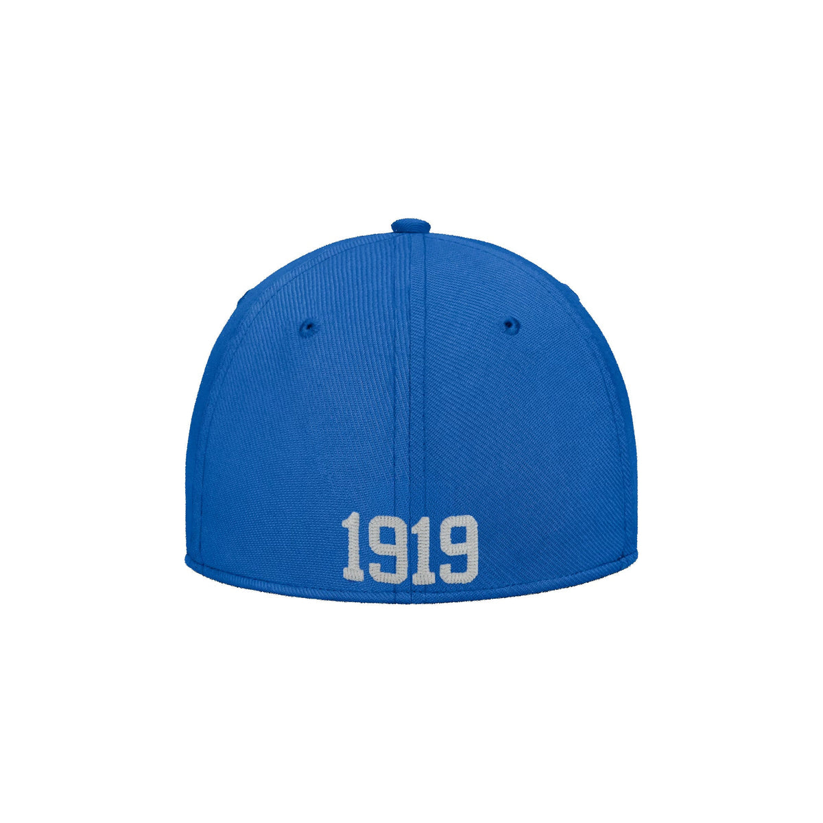 Back view of UCLA Bruins Nike Campus Prep Chained and Arched Blue SwooshFlex Hat with white 1919 embroidery on white