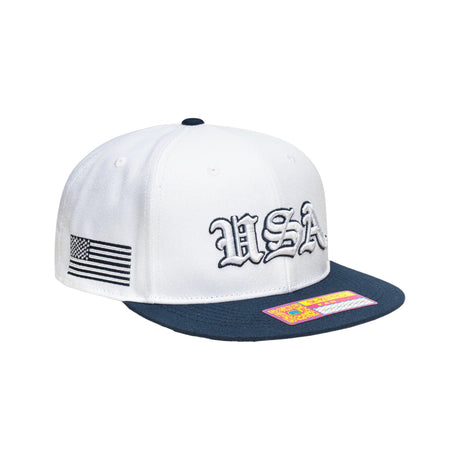USA Soccer Ol English Home Script White Snapback Hat - Fan Ink - 150150171903