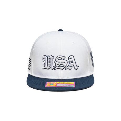 USA Soccer Ol English Home Script White Snapback Hat - Fan Ink - 150150171903