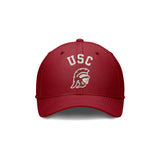 Front view of red USC Trojans Nike SwooshFlex hat with white USC lettering and Trojan helmet embroidery on white background