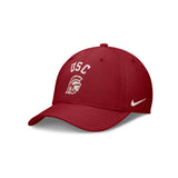 Front three-quarter view of red USC Trojans Nike flex hat showing white USC, Trojan, and Nike swoosh logos on white