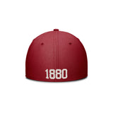 Back view of red USC Trojans Nike SwooshFlex hat showcasing white 1880 embroidery on a white background