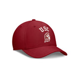 Front three-quarter view of a red USC Trojans Nike SwooshFlex hat showcasing embroidered USC and Trojan graphics on a white background