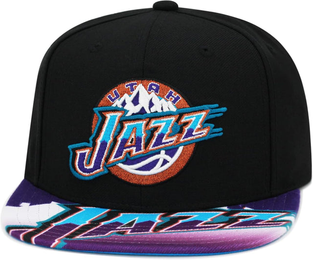 Utah Jazz Black/Purple Script Brim Snapback Hat - Mitchell & Ness - 