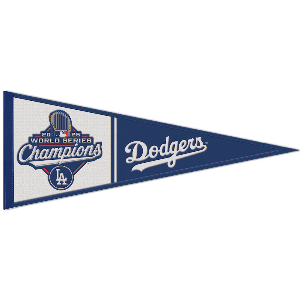 Los Angeles Dodgers 2025 World Series Champions wool pennant, featuring team logo and championship details.