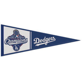 Los Angeles Dodgers 2025 World Series Champions wool pennant, featuring team logo and championship details.
