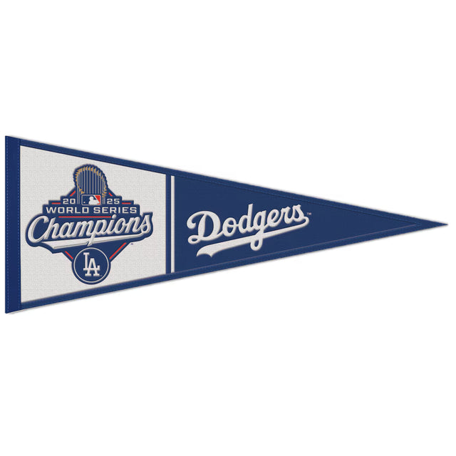 Los Angeles Dodgers 2025 World Series Champions wool pennant, featuring team logo and championship details.