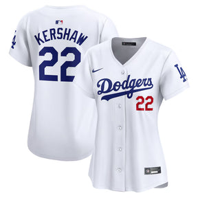 Women's Los Angeles Dodgers Clayton Kershaw white Nike limited player jersey featuring team logo and player number.