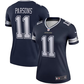 Women’s Dallas Cowboys Micah Parsons navy game jersey featuring player name and number on the back. Perfect for fans.
