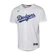 Front view of a youth white Shohei Ohtani Dodgers replica jersey with Nike swoosh and button front on white background