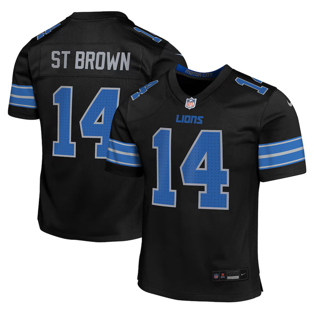 Youth Detroit Lions black Nike Game jersey featuring Amon-Ra St. Brown's name and number 14 on the back.
