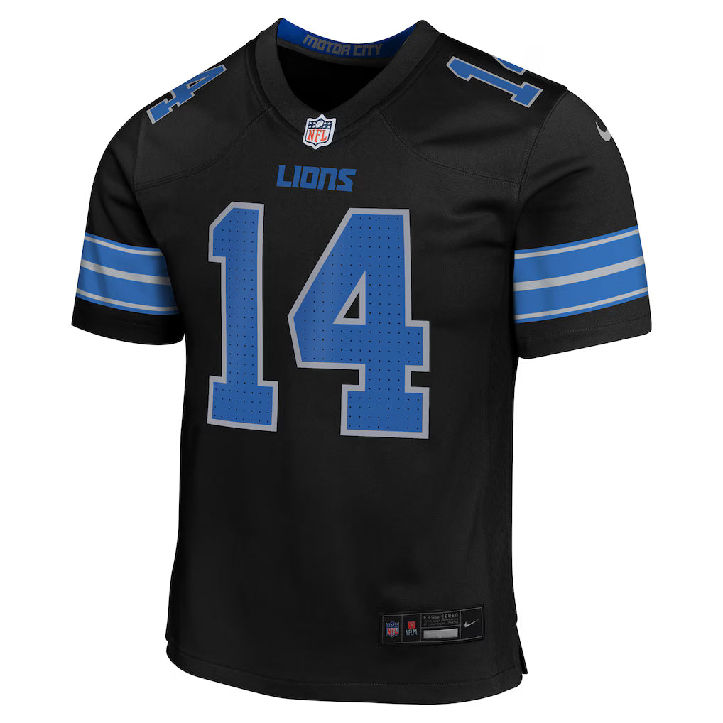 Youth Detroit Lions black Amon-Ra St. Brown Nike Game Jersey featuring player number 14 and team logo.