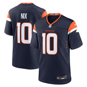 Youth Denver Broncos Bo Nix Nike navy alternate game jersey featuring player name and number on the back.