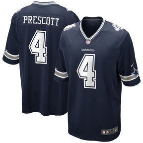 Dallas Cowboys Dak Prescott #4 Nike navy game jersey featuring team colors and player name on the back.