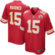 Kansas City Chiefs youth Patrick Mahomes red Nike game jersey featuring his name and number 15 on the back.