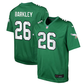 Youth Philadelphia Eagles Saquon Barkley Nike Game Jersey in green with player name and number 26 on the back.